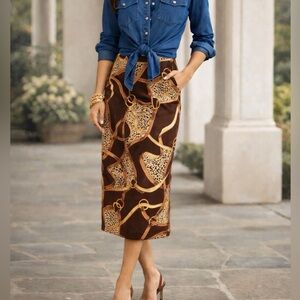 WMNS 8 Vintage Silk Club Collection Equestrian & Leopard Midi Skirt Lauren style